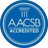 Blue circle with white lettering 'AACSB accredited'